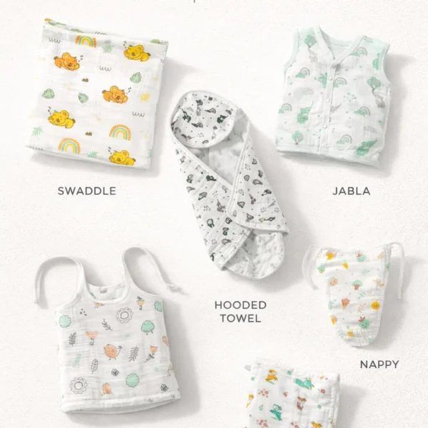 Yobrina Muslin Newborn Essentials Combo (6pc) - Jabla Button + Knot + Swaddle + Towel + Nappy + Wipe