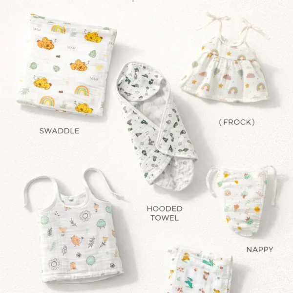 Yobrina Muslin Cotton Summer Princess (6pc) NewBorn Baby Gift kit- Frock Knot + Jhabla Knot + Swaddle + Hooded Towel + Nappy + Wipe