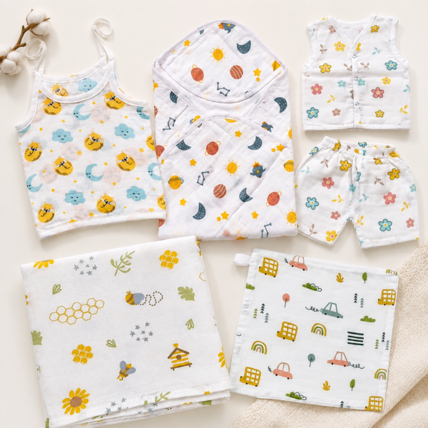 Yobrina Unisex Muslin Cotton Newborn Gift Set | 5 Pieces | 0–3 Months | Muslin cotton