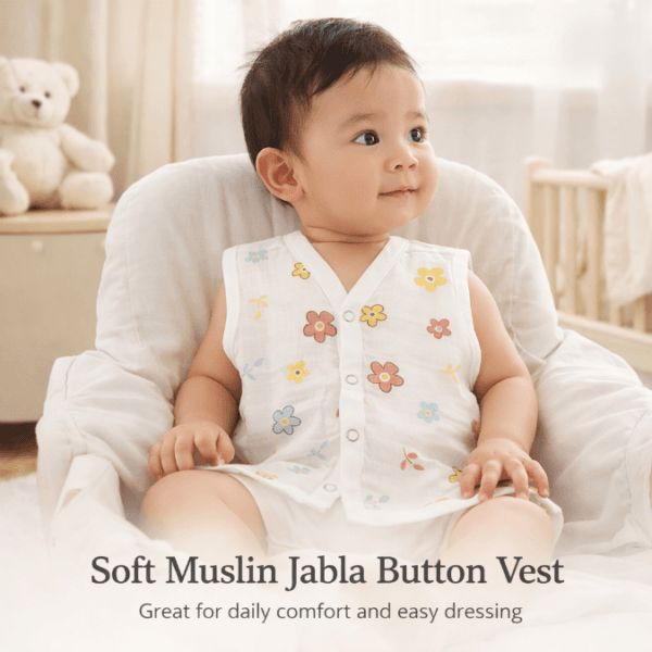 Yobrina Cotton Muslin Button Jabla | White Jhabla | for Boys & Girls | Comfortable Baby Products | Sleeveless Vest| Size - Newborn to 9 M